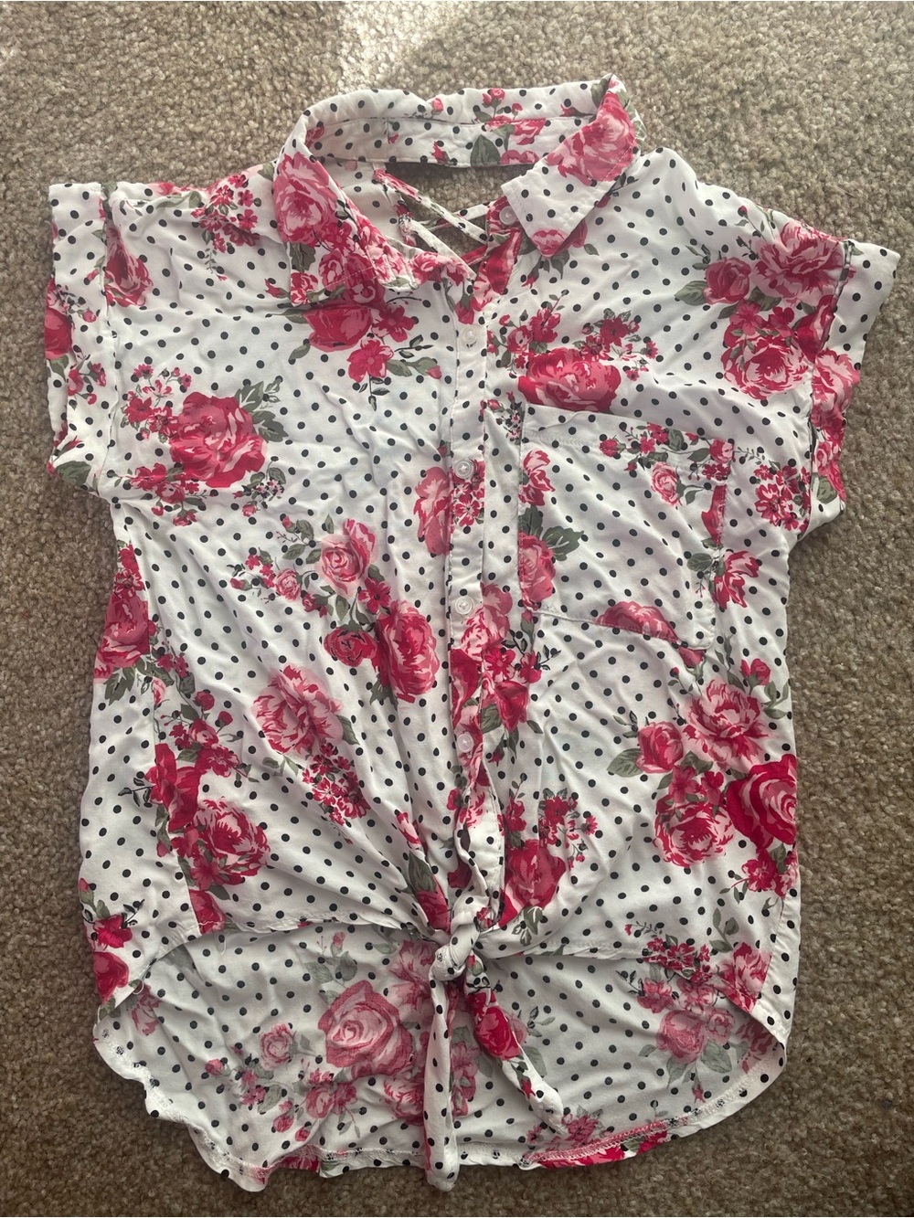 No Boundaries White Button-Down Tie Front Top with Pink Floral and Black Dots